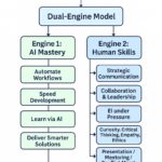 Dual-engine model diagram showing AI mastery and human skills driving IT career growth