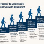 Software engineer career path infographic: fresher to architect progression.