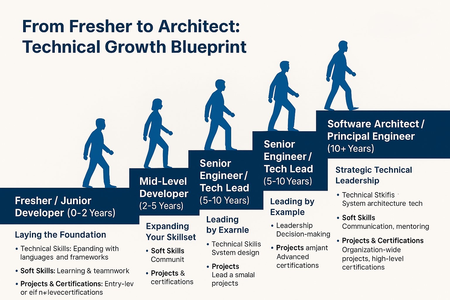 Software engineer career path infographic: fresher to architect progression.