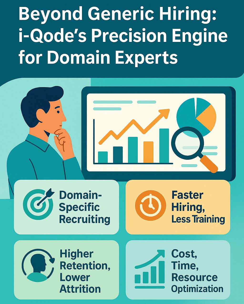 Infographic highlighting i-Qode’s domain-specific hiring benefits including faster hiring, less training, higher retention, and resource optimization.