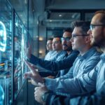 A professional and dynamic scene of human-AI collaboration in a modern office.