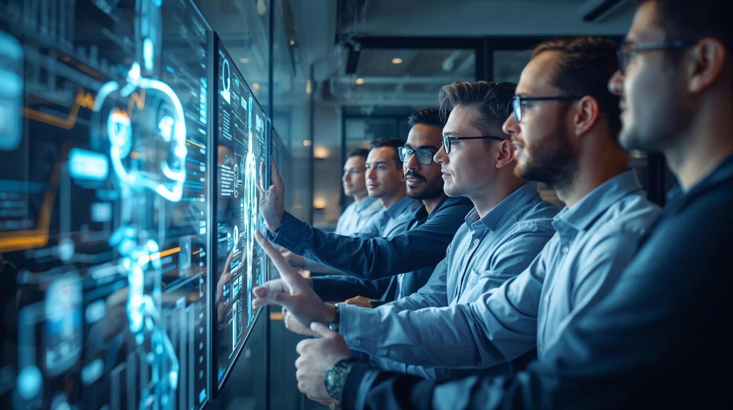 A professional and dynamic scene of human-AI collaboration in a modern office.